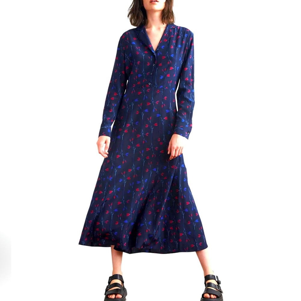 Thakoon Navy Midi Dress with Red & Blue Floral Print
